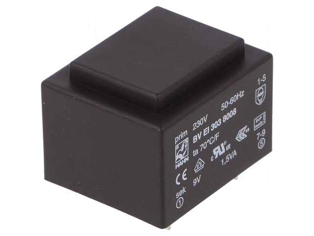 Transformator: ingegoten; 1,5VA; 230VAC; 9V; 167mA; PCB; BVEI Transformator: ingegoten; 1,5VA; 230VAC; 9V; 167mA; PCB; BVEI